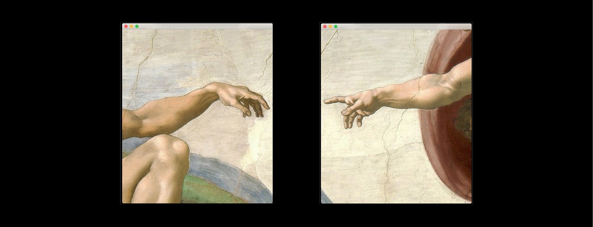Two paintings of two people's fingers pointed at each other and almost touching
