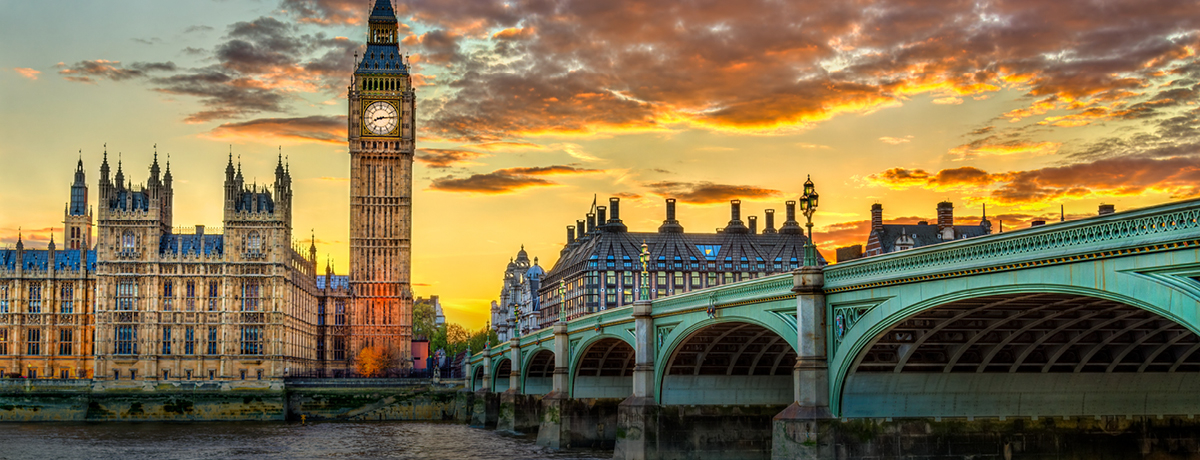 Big Ben and bridge over water in London at sunset