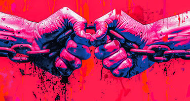 Illustrated Hands Breaking Chains Against a Bright Red Background