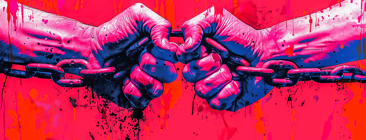 Illustrated Hands Breaking Chains Against a Bright Red Background