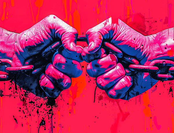 Illustrated Hands Breaking Chains Against a Bright Red Background