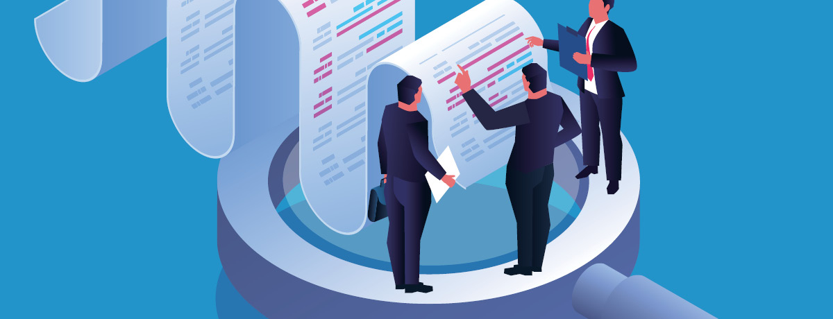 Three animated businessmen review a contract on top of a magnifying glass