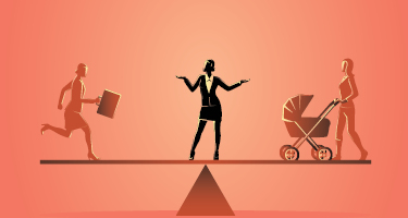 Silhouette of women in suit stands in the middle of equal scale