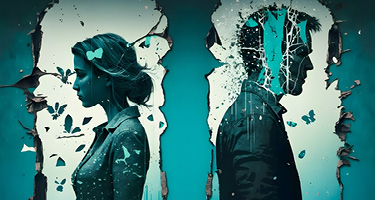 Illustration of man and woman on paper that has been torn apart