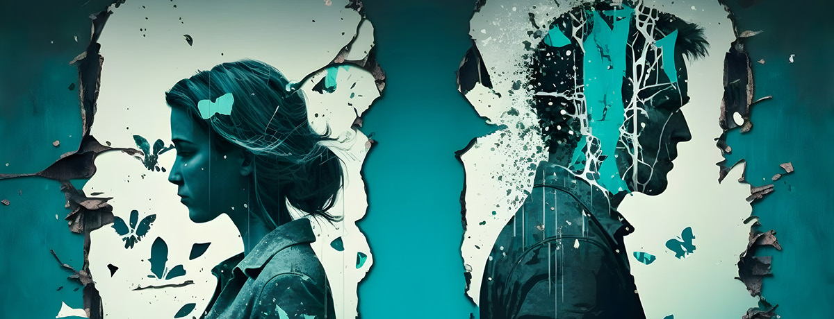 Illustration of man and woman on paper that has been torn apart