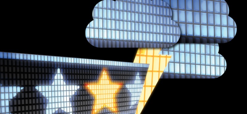 Technology grey clouds with lightning striking star rating with one gold star lit 