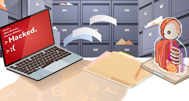 Laptop reading hacked with translucent medical model in foreground