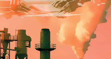 Factory image with courtroom imagery overlaid