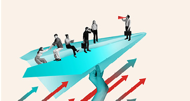 Blue paper airplane with professional figures standing on it and arrows below