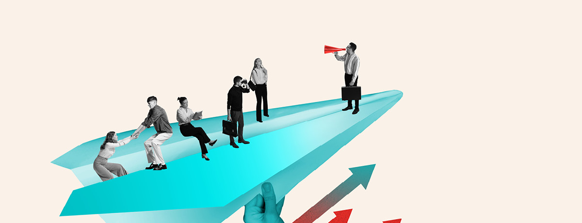 Blue paper airplane with professional figures standing on it and arrows below