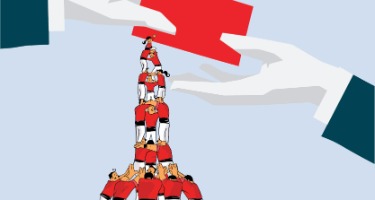 People wearing red shirts stacking up a tower while two businessmen hand each other a red envelope