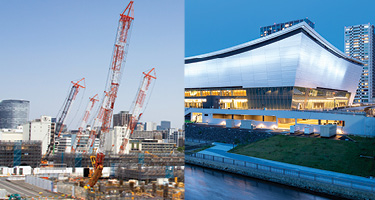 Giant sports venue being constructed and then completed