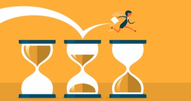 Businesswomen in a hurry leaps from time glass to time glass