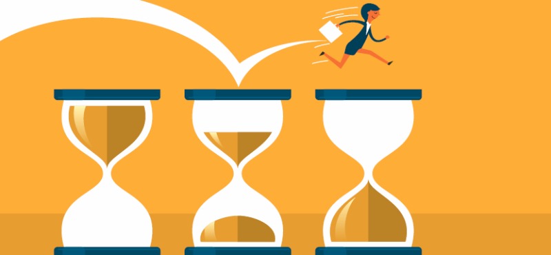 Businesswomen in a hurry leaps from time glass to time glass