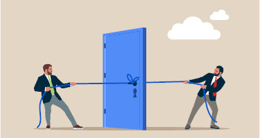 Illustration of two men pulling on string with blue door between them