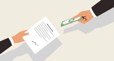 Two animated hands exchange money and contracts