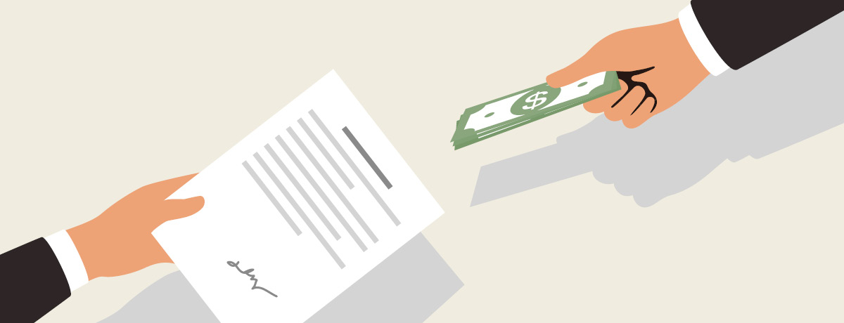 Two animated hands exchange money and contracts