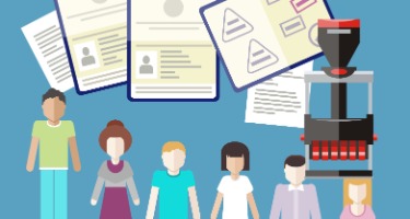 Six cartoon people with white papers and a red stamp to mark the papers