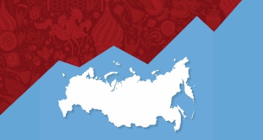 Red and Blue background cut in half with the country of Russia on the middle