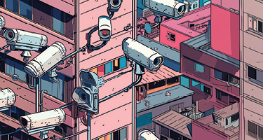 Security cameras affixed to animated building