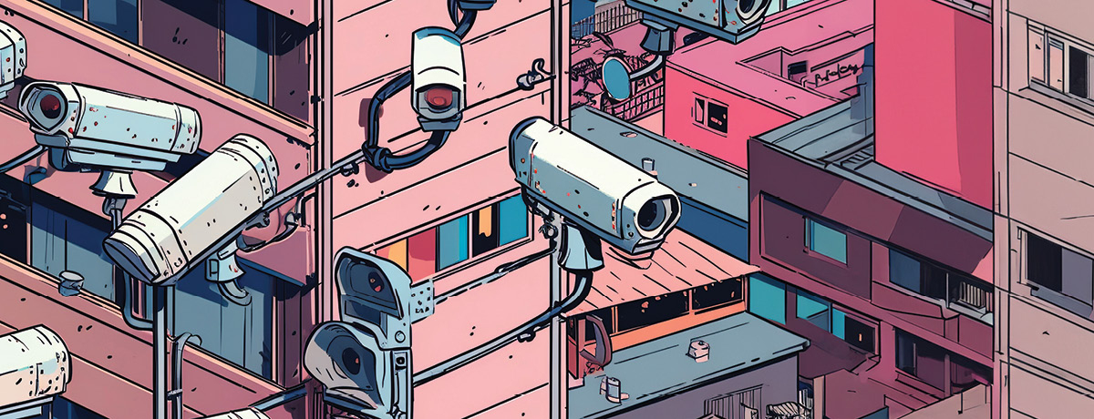 Security cameras affixed to animated building