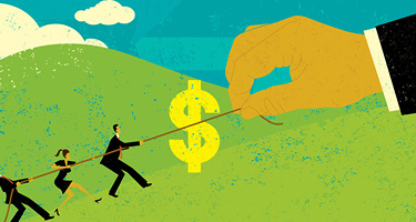 Giant yellow hand pulling a string two small businessmen are pulling back with a giant yellow dollar