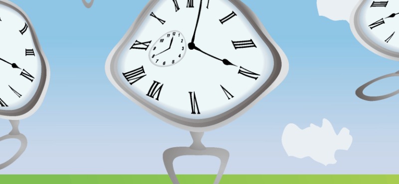 Multiple distorted clocks with clocks inside of the clocks on a green turf