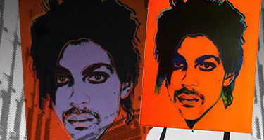 Two images of Prince on orange and purple background