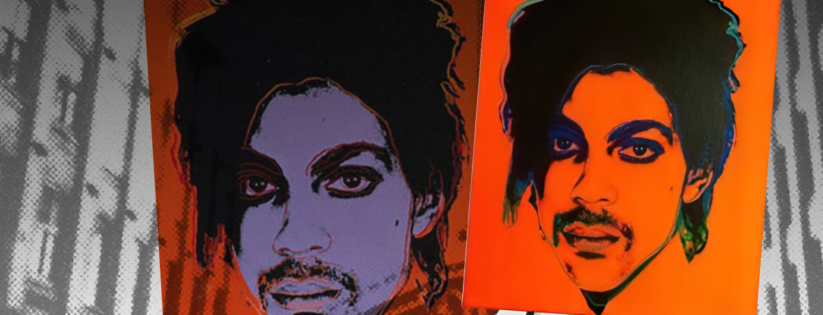Two images of Prince on orange and purple background
