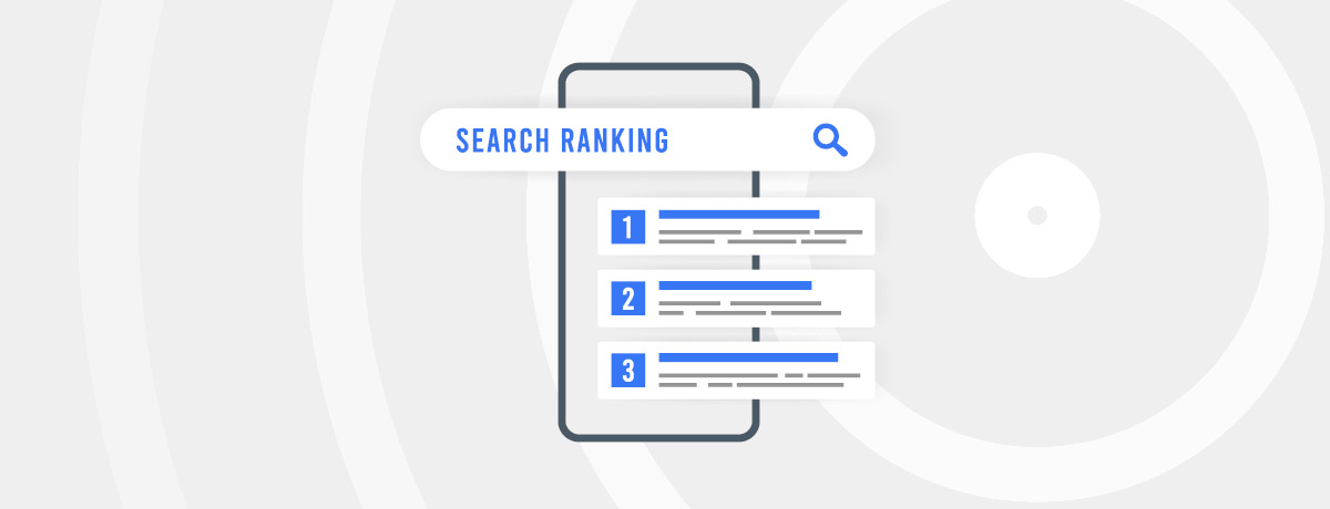 Graphic image of a phone displaying SEO rankings, with positions 1, 2 and 3 on the screen