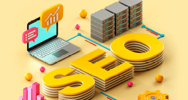 Animated internet servers, charts and laptop connected to SEO label