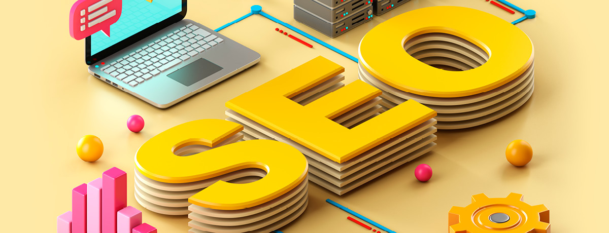 Animated internet servers, charts and laptop connected to SEO label