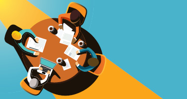 Illustration of four people sitting at round table for meeting