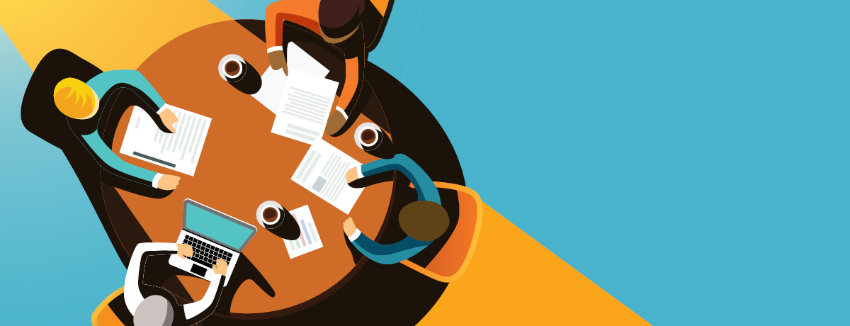 Illustration of four people sitting at round table for meeting