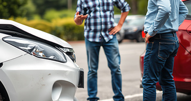 Two individuals standing in front of a car accident, assessing the damage