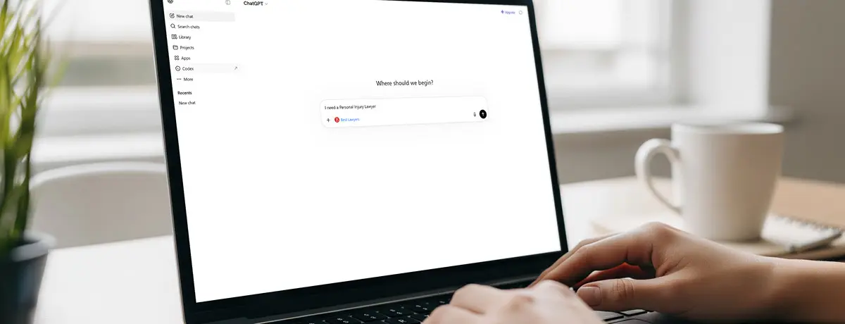 Close-up of hands typing on a laptop keyboard, showing an AI chat interface on the screen.
