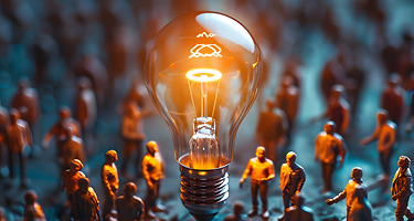 A glowing light bulb surrounded by a crowd of miniature figures