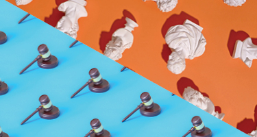 Blue and orange block sections with gavels and busts