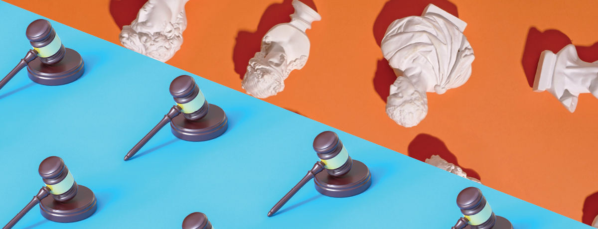 Blue and orange block sections with gavels and busts