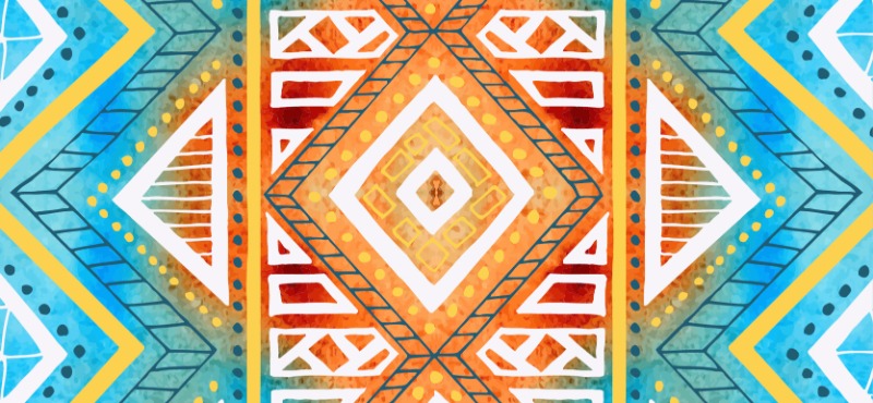 Native American Tapestry with blue, red, and white lines and symbols 