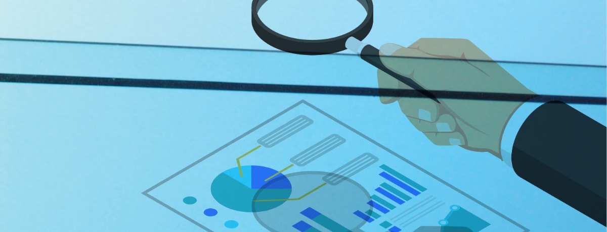 Lawyers hand with magnifying glass and paper with report underneath the glass, with blue filter 