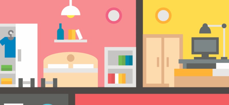 Four different parts of an animated house that is red, yellow, black, pink