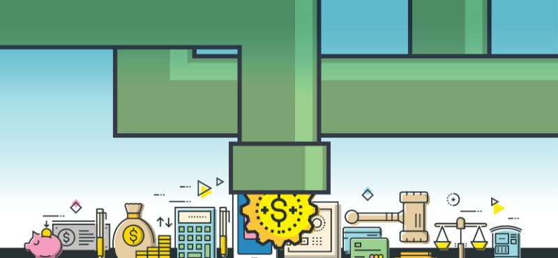 Green pipes with multiple financial symbols and blue sky background 