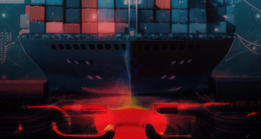 Cargo ship with red chain link in front