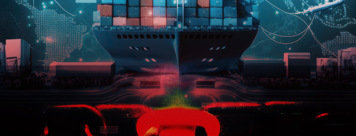 Cargo ship with red chain link in front