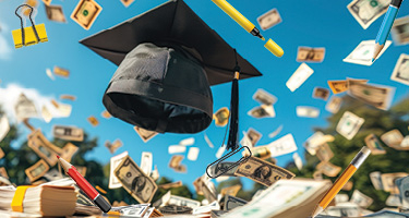 Graduation cap in air surrounded by pencils and money