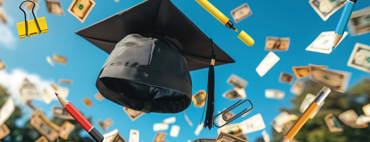 Graduation cap in air surrounded by pencils and money