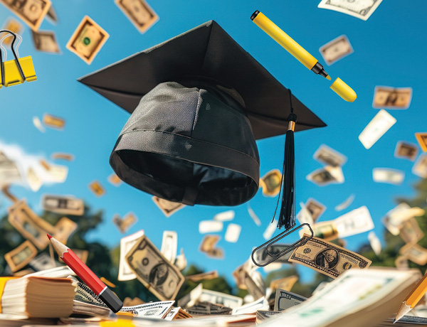 Graduation cap in air surrounded by pencils and money