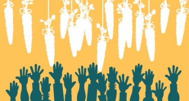 Blue Arms reaching up to grab carrots tied to strings 