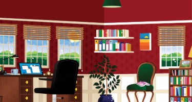Working remote in a red office with a black chair and a green chair and bookcase 